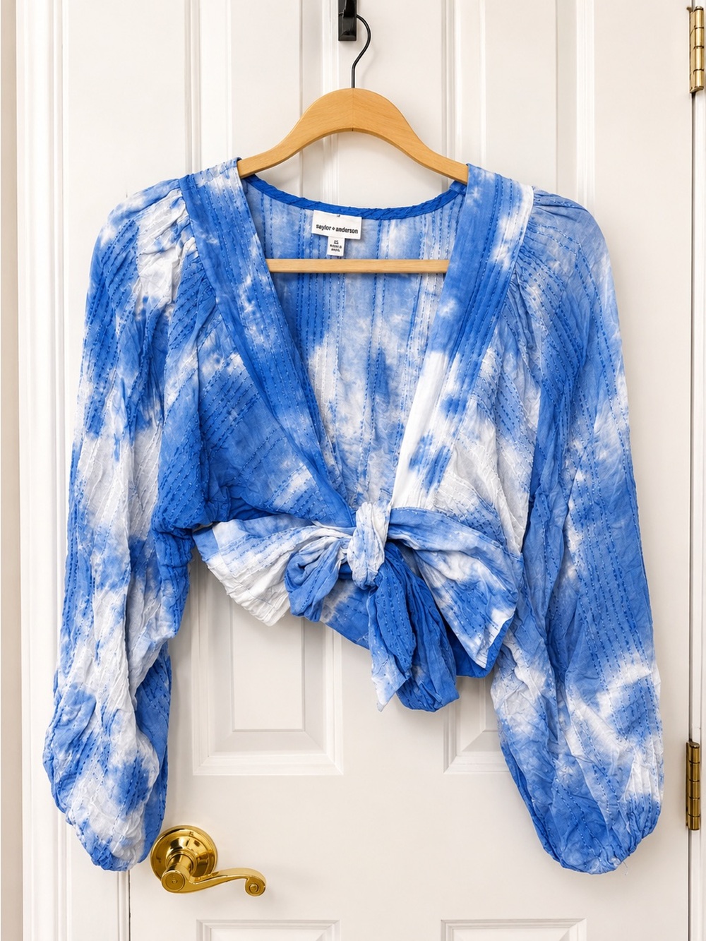 Skylar + Madison Blue and White Tie-Dye Cropped Knot-Front Blouse